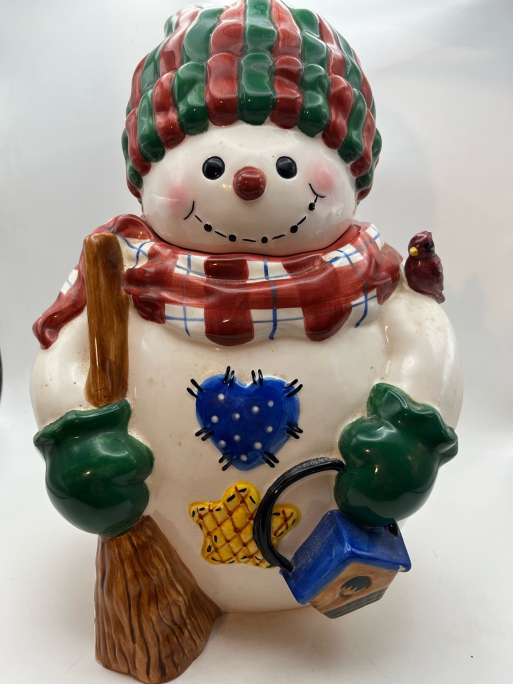 Holly Tree Holiday Snowman Ceramic Cookie Jar - Green & Red